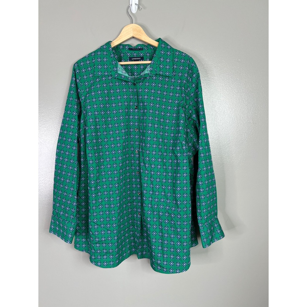 Lands End No Iron Supima Cotton Shirt 24W Green Medallion Button Down Blouse